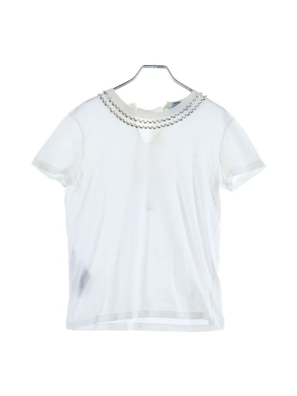 Prada Neck Rhinestone Short Sleeve T-Shirt White